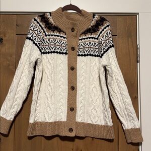 Lands End Womens L Cable Knit Fair Isle Nordic Cozy Wool Blend Cardigan Sweater